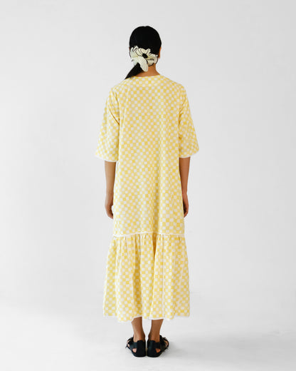 Yellow Checks Applique Cotton Dress