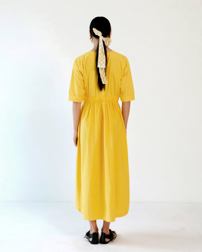 Yellow Elastic Wasit Side Slit Cotton Dress