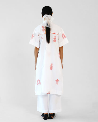 White and Red Cross Stitch Embroidery Cotton Shirt Pant Set of 2