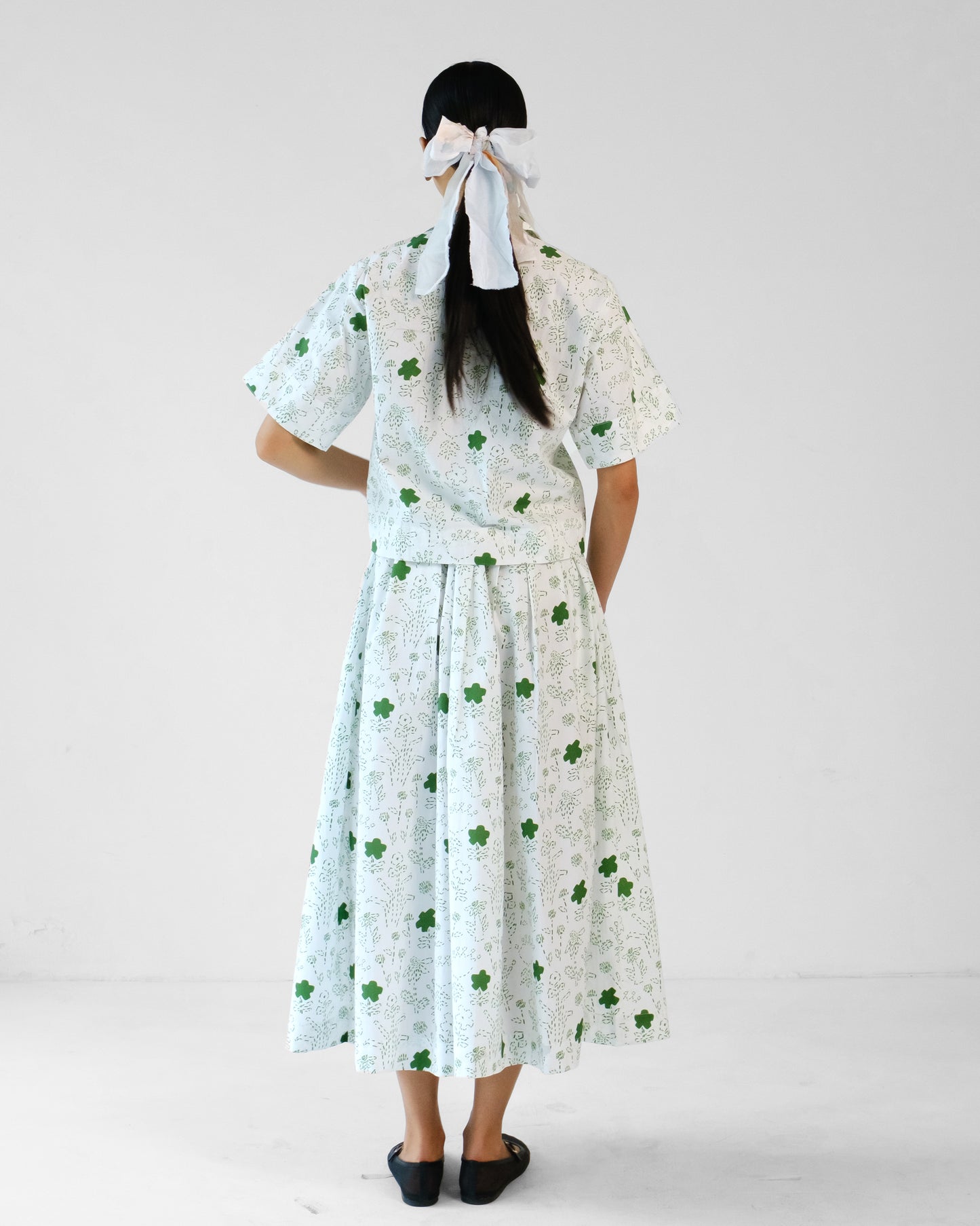 White and Green Printed Cotton Shirt Skirt Set of 2