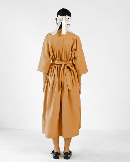 Brown Cotton Elastic Wasit Belt Dress