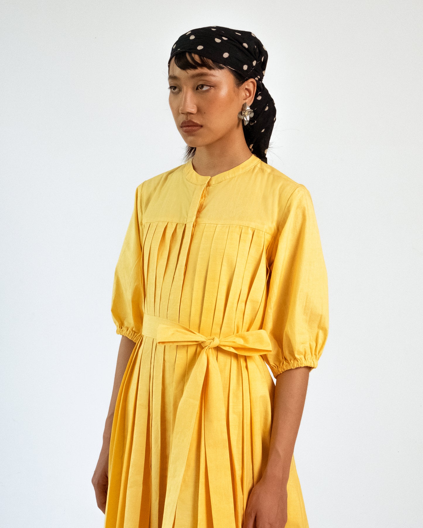 Yellow pleated Cotton Belt Dress