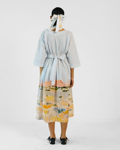 Abstract Print Cotton Elastic Wasit Belt Dress