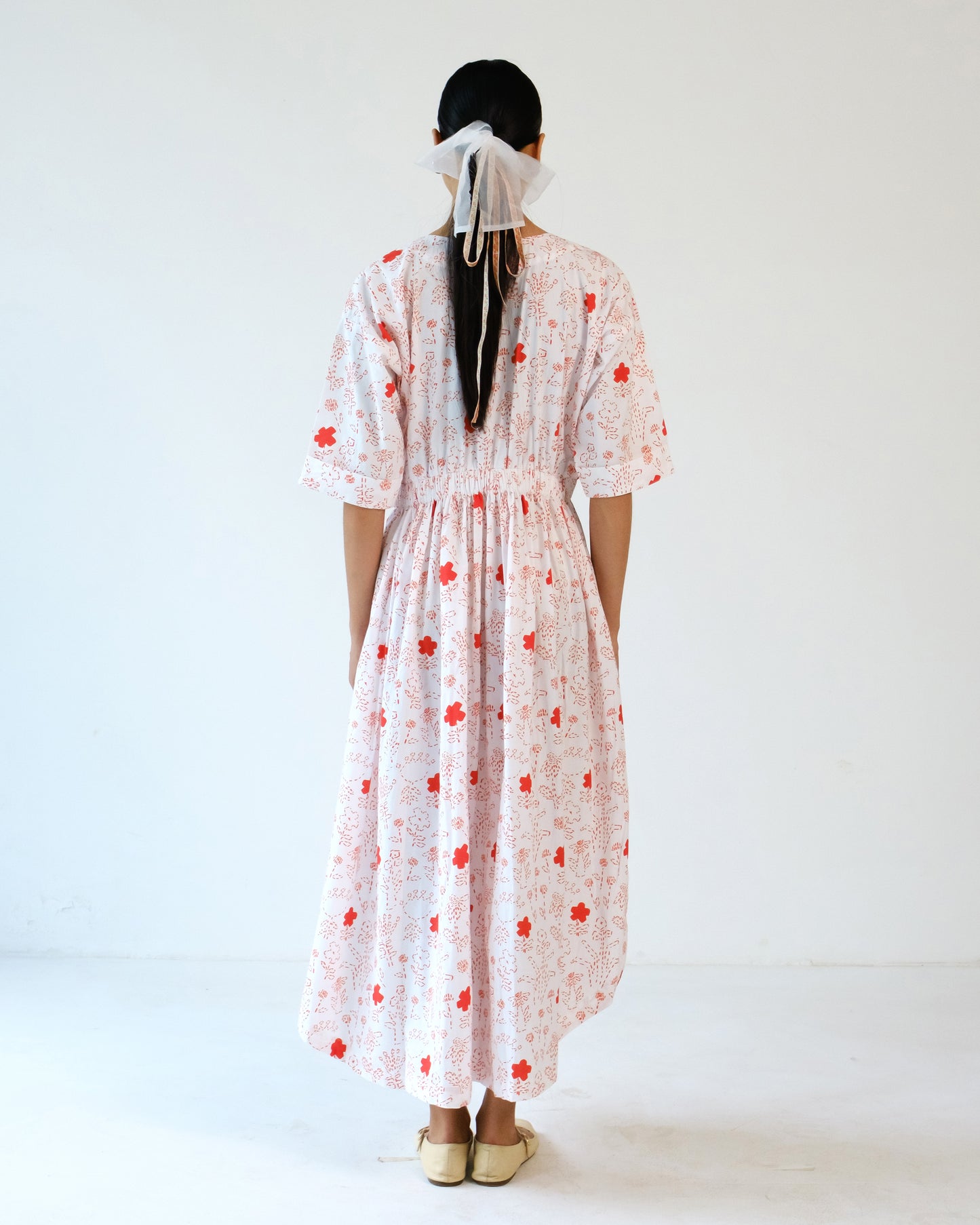 White and Red Printed Elastic Wasit Side Slit Cotton Dress