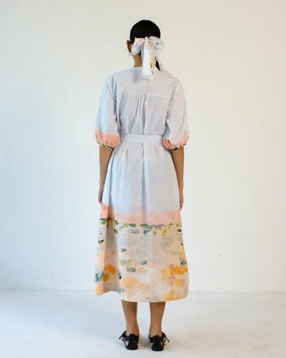 Abstract Print pleated Cotton Belt Dress