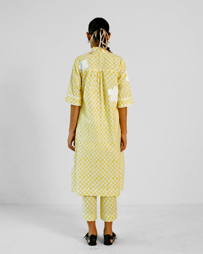 Yellow Checks Applique Cotton Shirt Pant Set of 2
