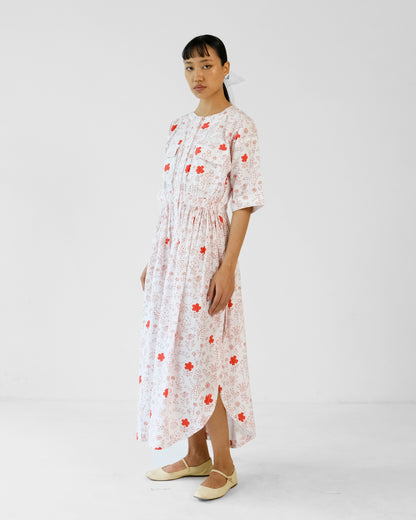 White and Red Printed Elastic Wasit Side Slit Cotton Dress