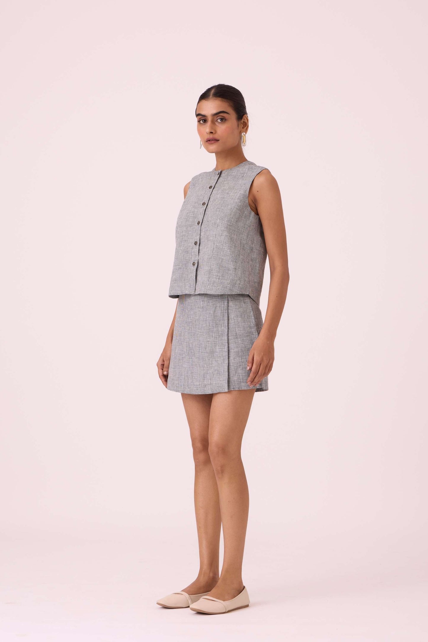 Polina Houndstooth Linen Skort