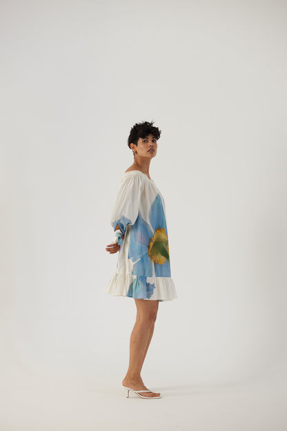 Blue Poppies Off Shoulder Short Dress