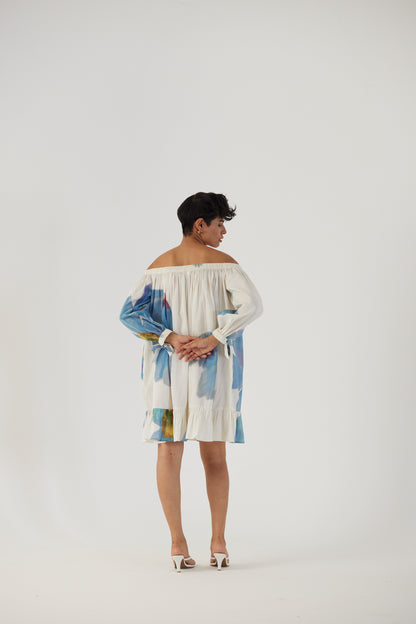 Blue Poppies Off Shoulder Short Dress