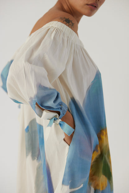 Blue Poppies Off Shoulder Short Dress