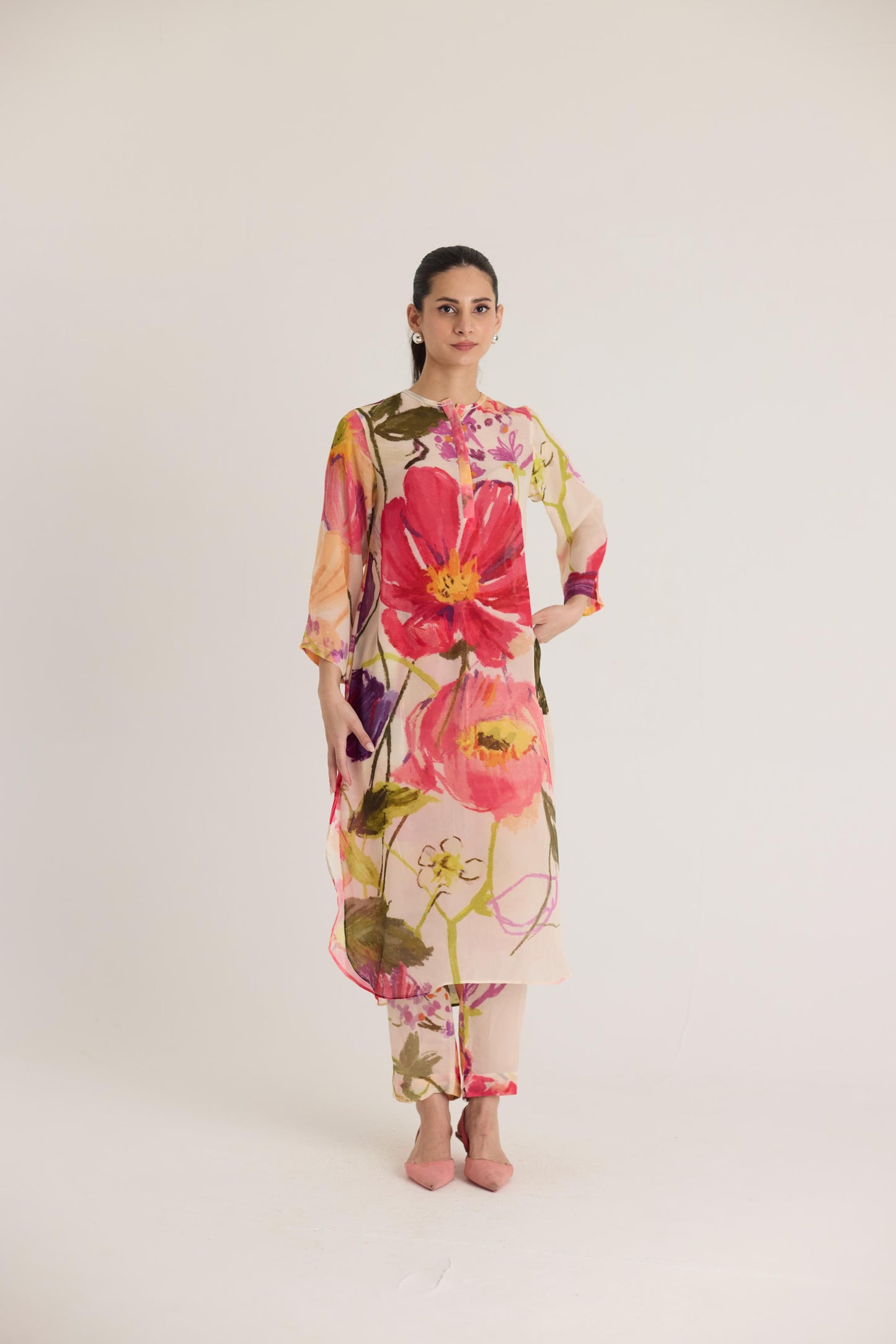 Dolly White Crepe Long Kurta Set