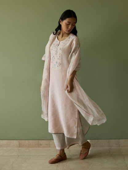 Vira Hand-Emboidered Linen Kurta Set - Blush