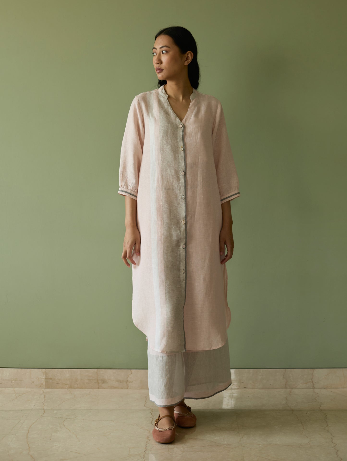 Mori Border Linen Shirt Kurta Set - Blush