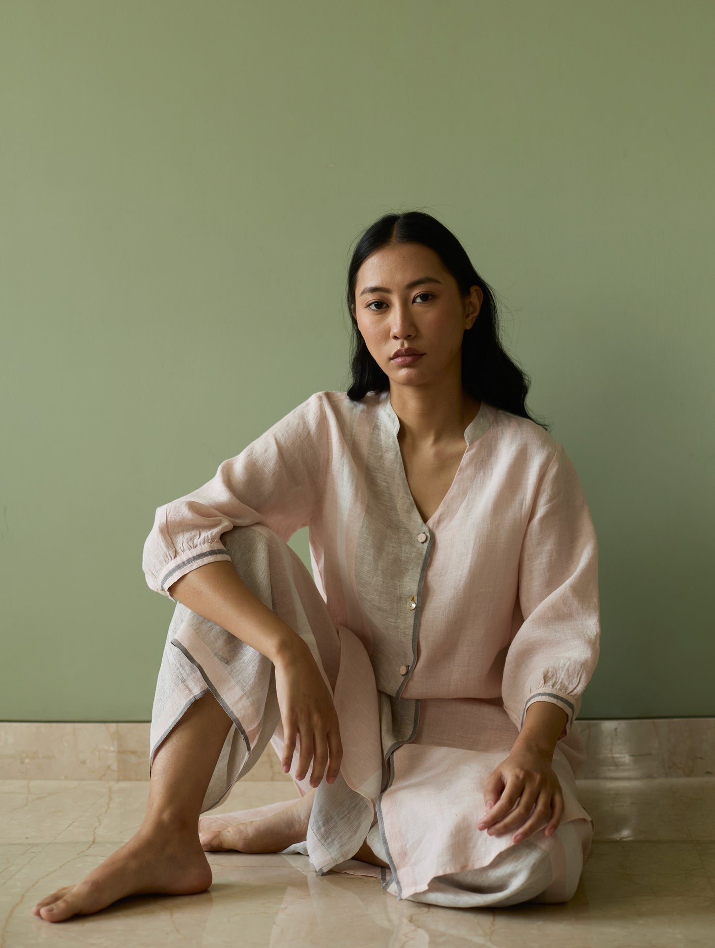 Mori Border Linen Shirt Kurta Set - Blush