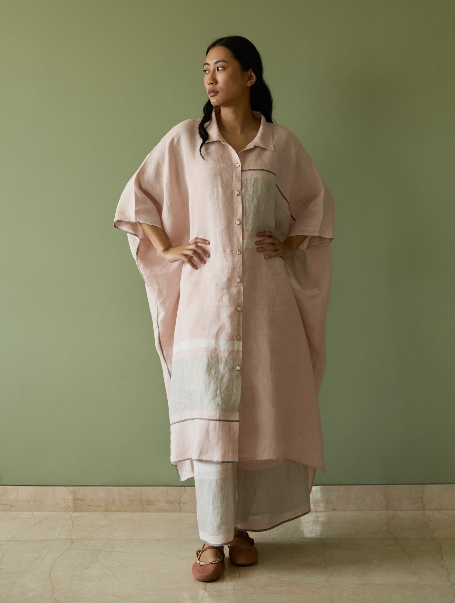 Bora Colour-Blocked Linen Kaftan Set - Blush