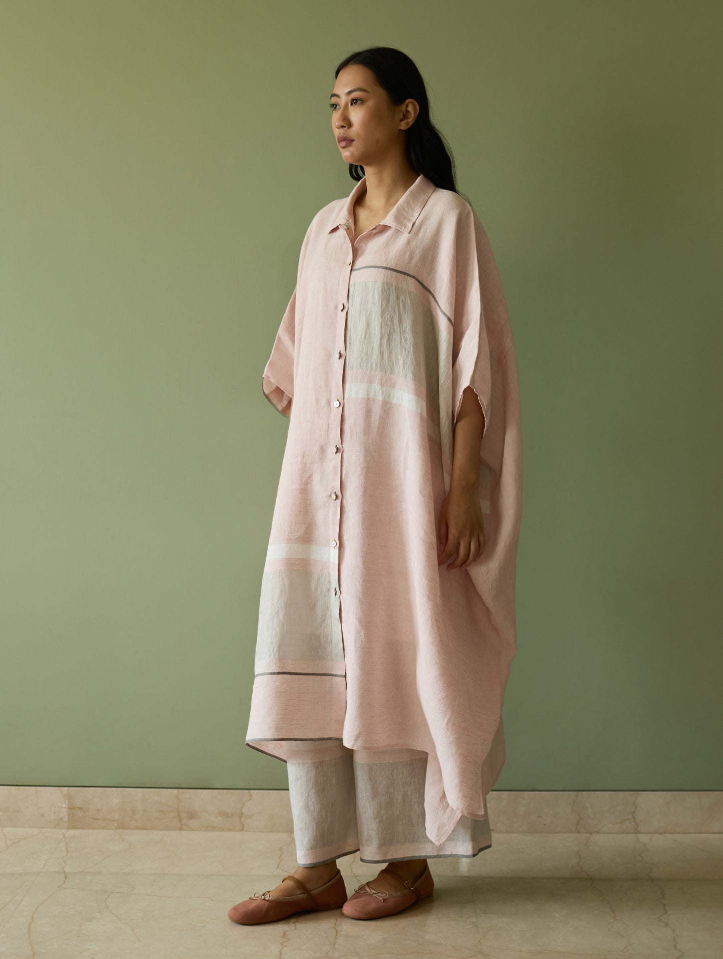 Bora Colour-Blocked Linen Kaftan Set - Blush