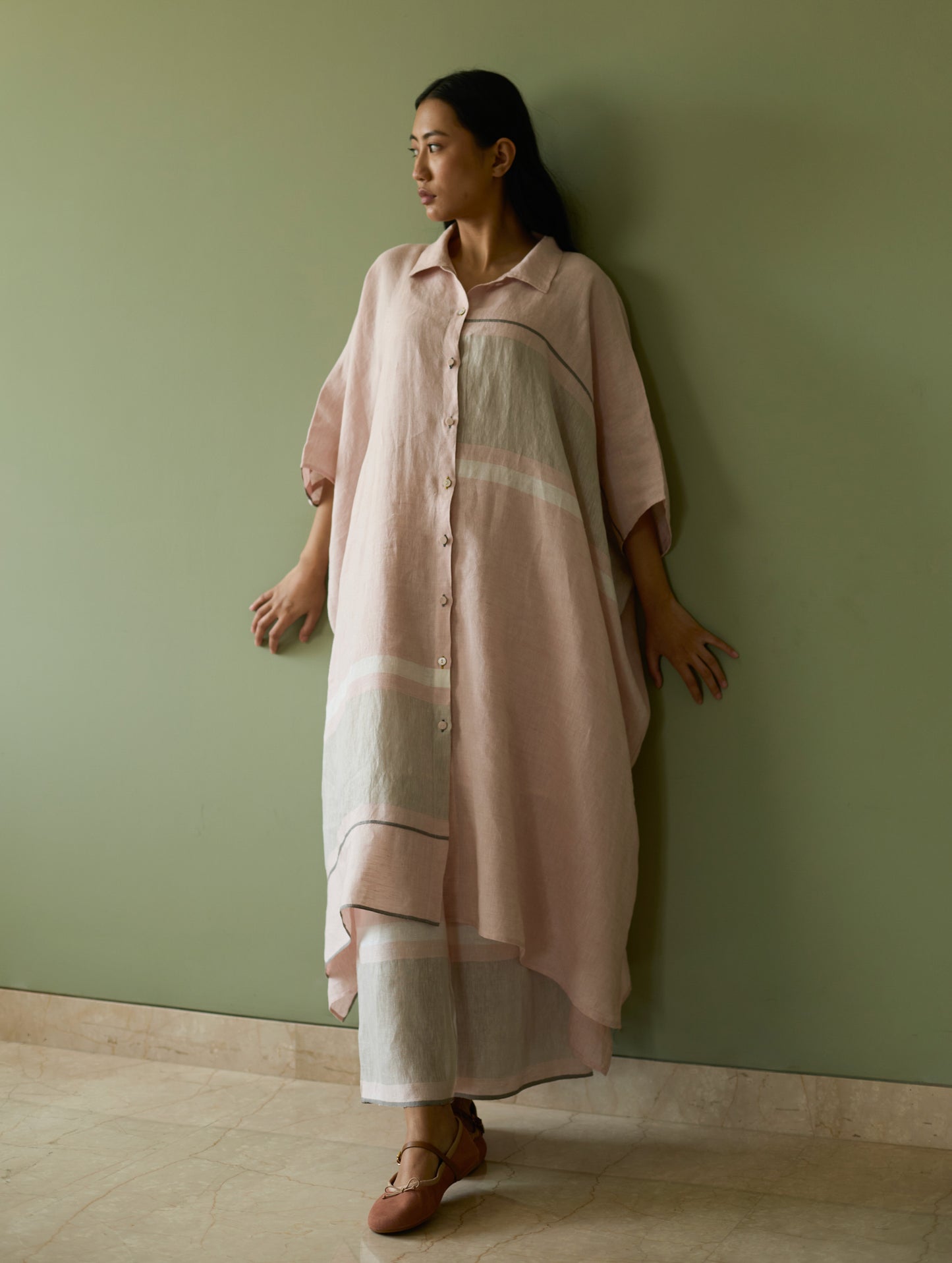 Bora Colour-Blocked Linen Kaftan Set - Blush