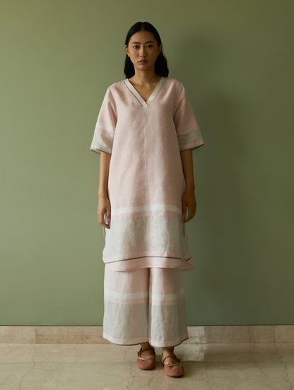 Iva Pleated Border Linen Kurta Set - Blush