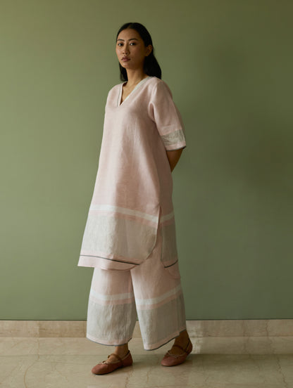 Iva Pleated Border Linen Kurta Set - Blush