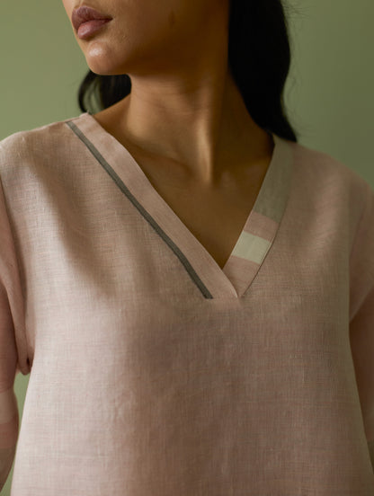 Iva Pleated Border Linen Kurta Set - Blush