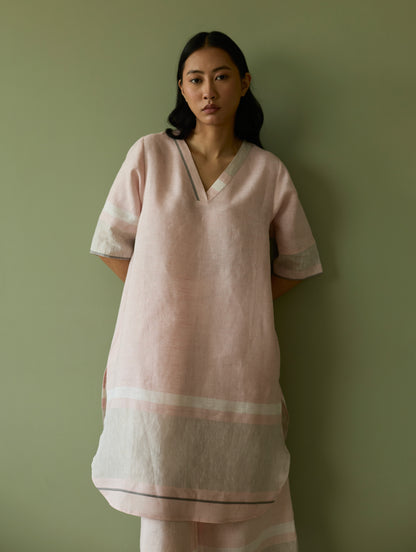Iva Pleated Border Linen Kurta Set - Blush