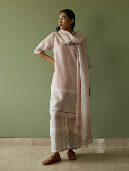 Iva Pleated Border Linen Kurta Set - Blush