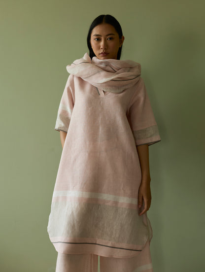 Iva Pleated Border Linen Kurta Set - Blush