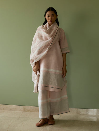 Iva Pleated Border Linen Kurta Set - Blush