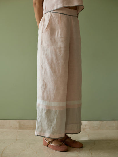 Iva Pleated Border Linen Kurta Set - Blush