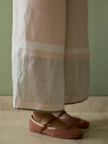 Iva Pleated Border Linen Kurta Set - Blush