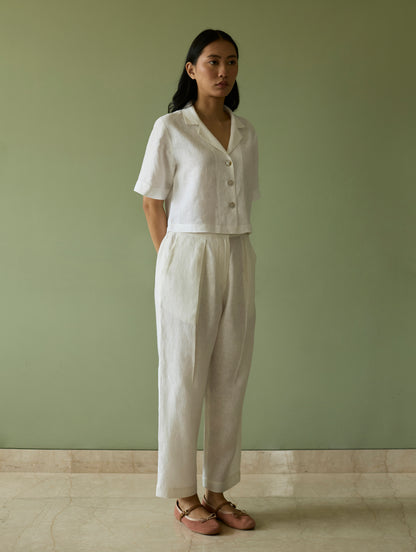 Kiera Cuban Collar Linen Co-ord Set - Ivory