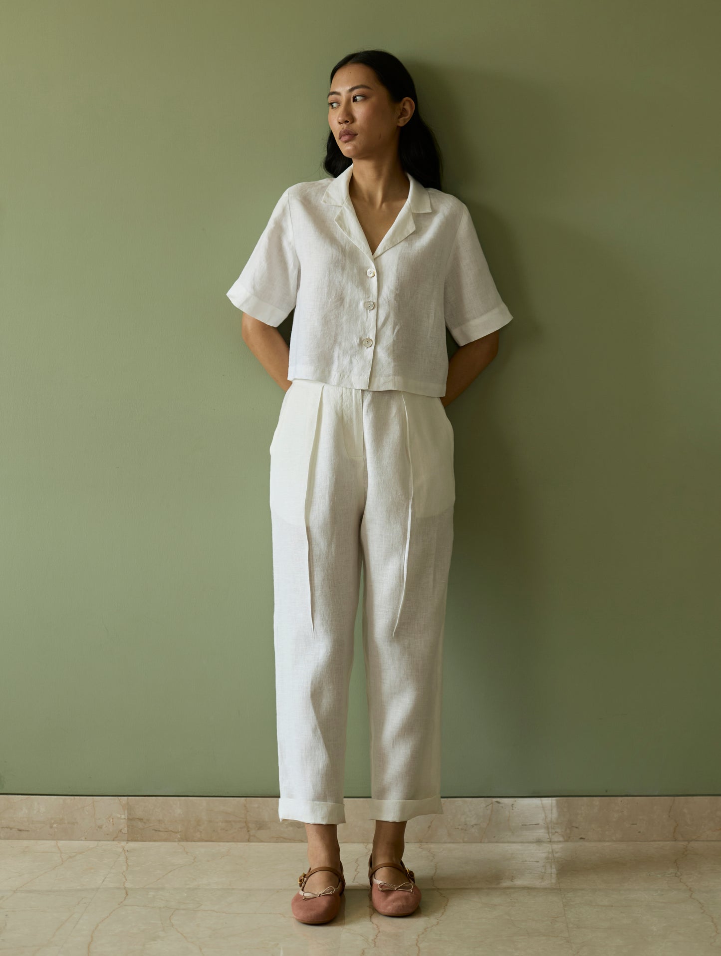 Kiera Cuban Collar Linen Co-ord Set - Ivory