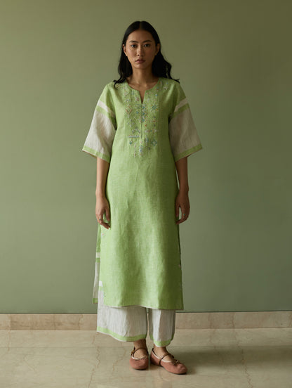Vira Hand-Emboidered Linen Kurta Set - Meadow