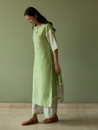 Vira Hand-Emboidered Linen Kurta Set - Meadow