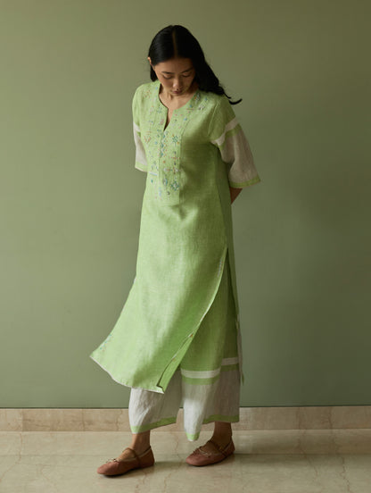 Vira Hand-Emboidered Linen Kurta Set - Meadow