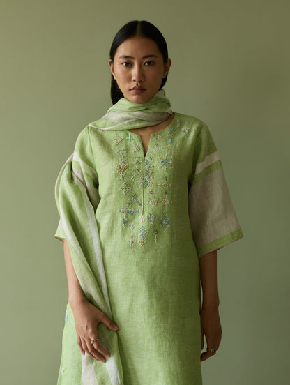 Vira Hand-Emboidered Linen Kurta Set - Meadow