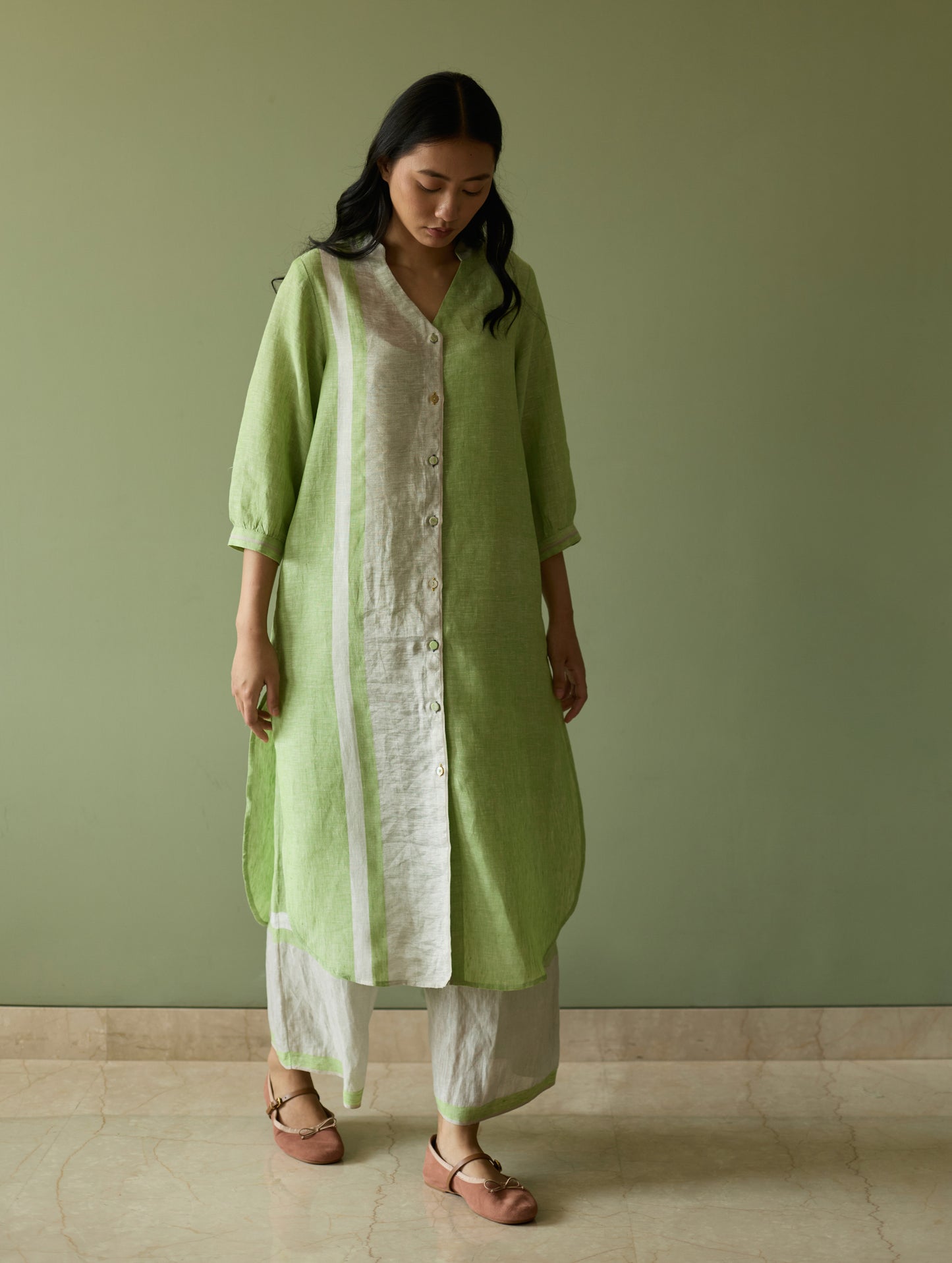 Mori Border Linen Shirt Kurta Set - Meadow