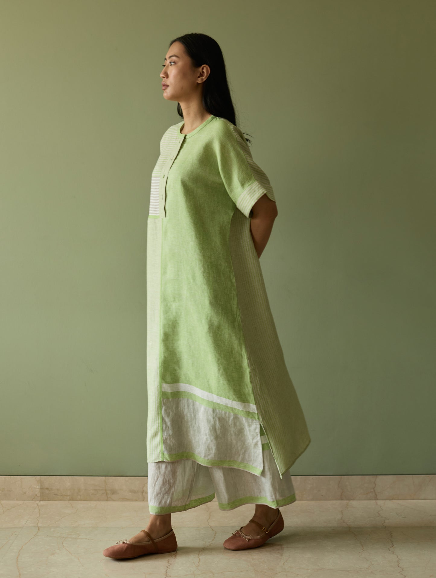 Pira Stripe Linen Tunic Kaftan Set - Meadow