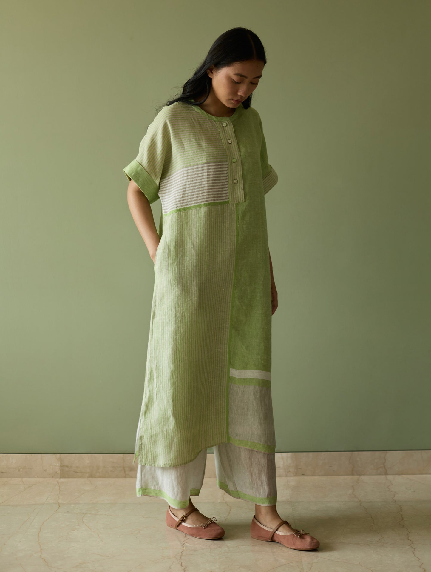 Pira Stripe Linen Tunic Kaftan Set - Meadow