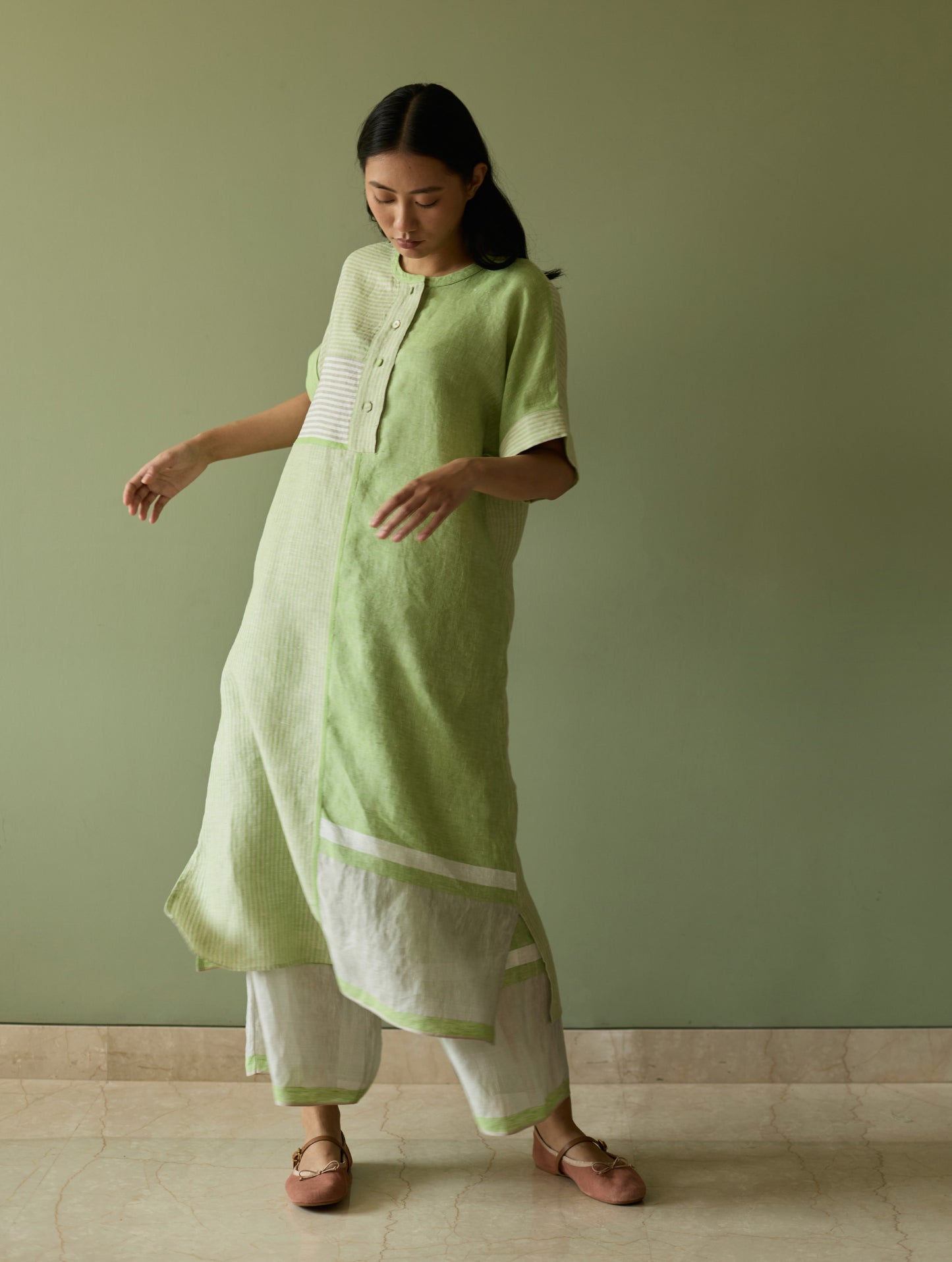 Pira Stripe Linen Tunic Kaftan Set - Meadow
