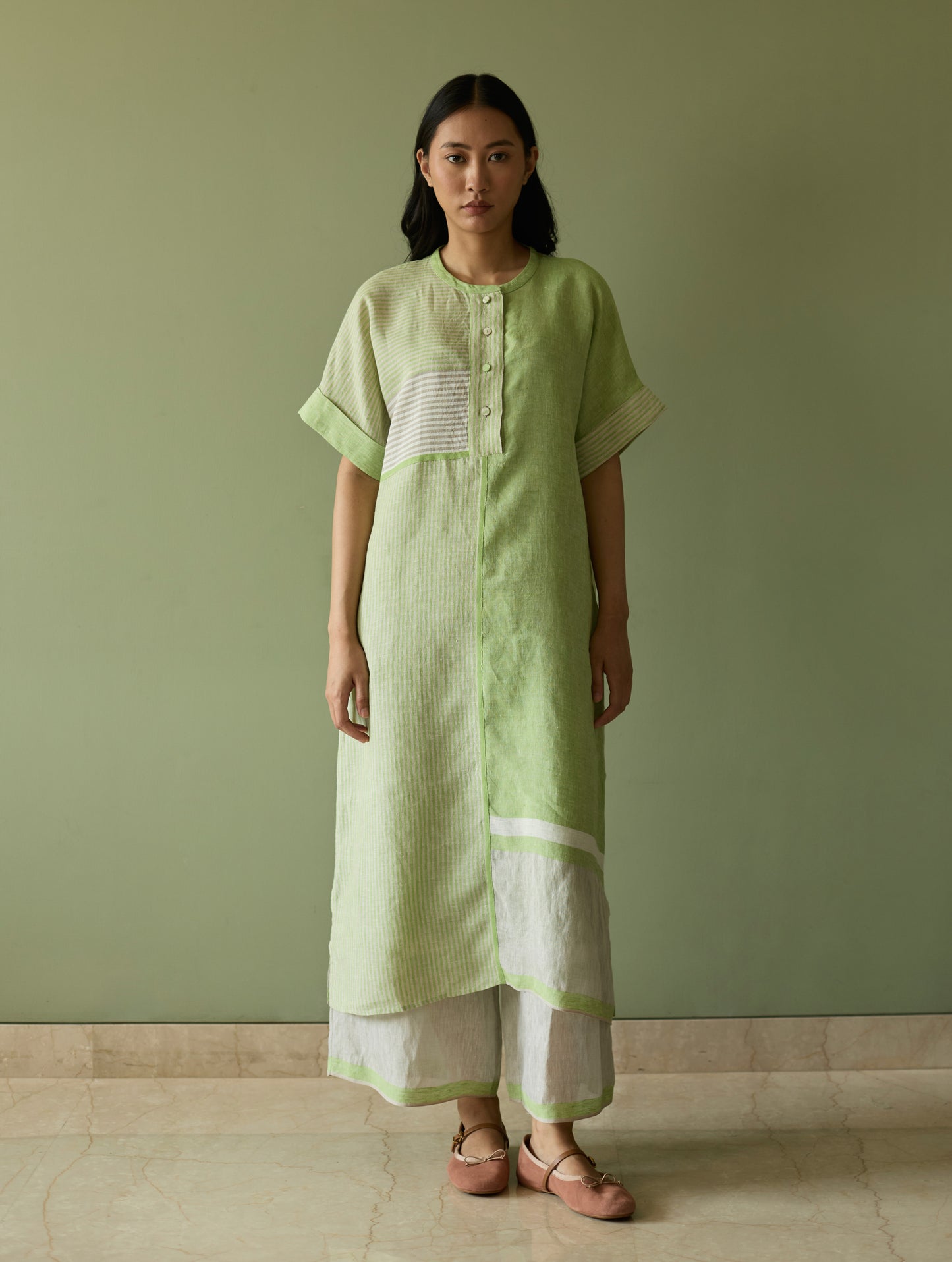 Pira Stripe Linen Tunic Kaftan Set - Meadow