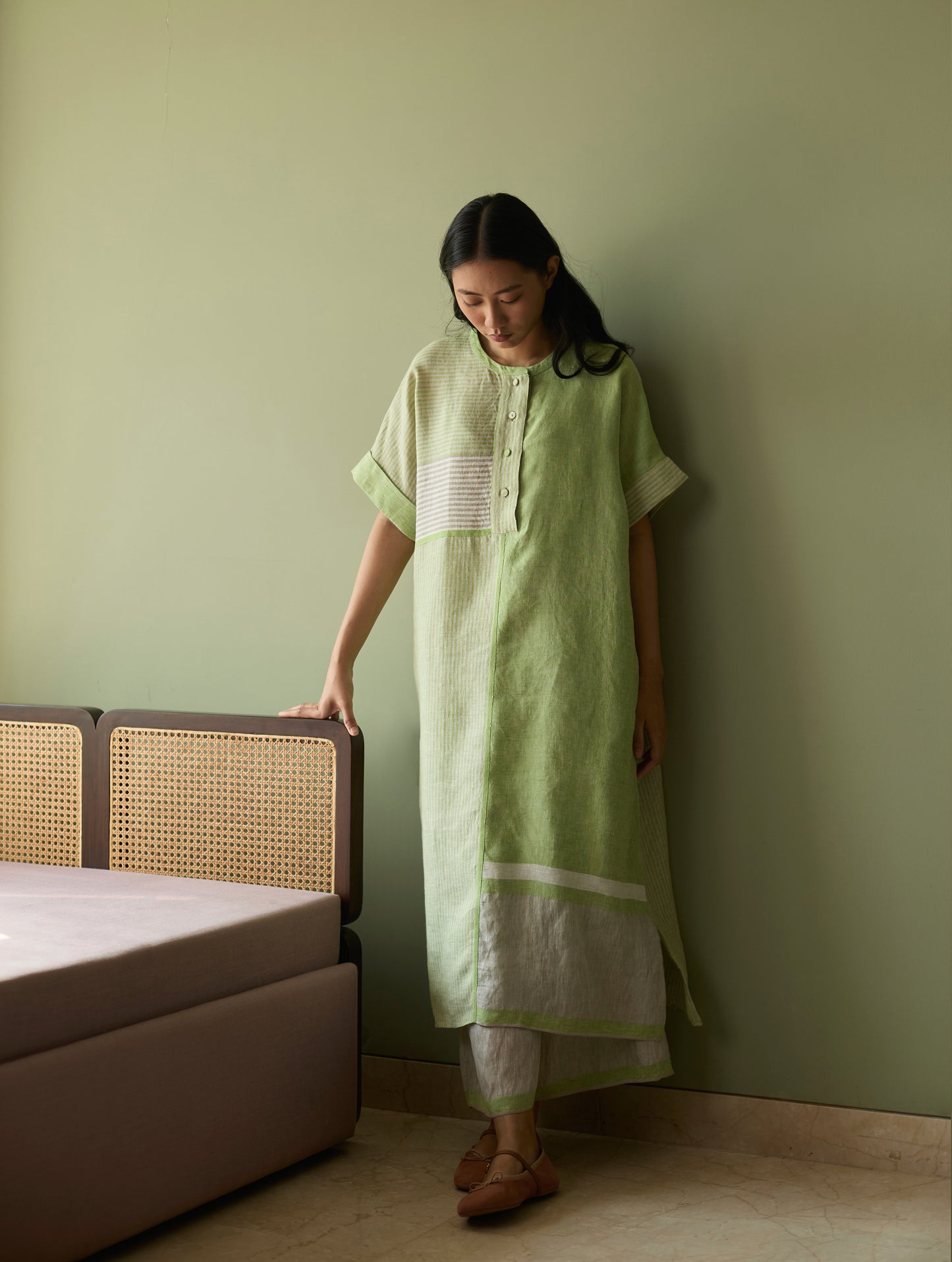 Pira Stripe Linen Tunic Kaftan Set - Meadow