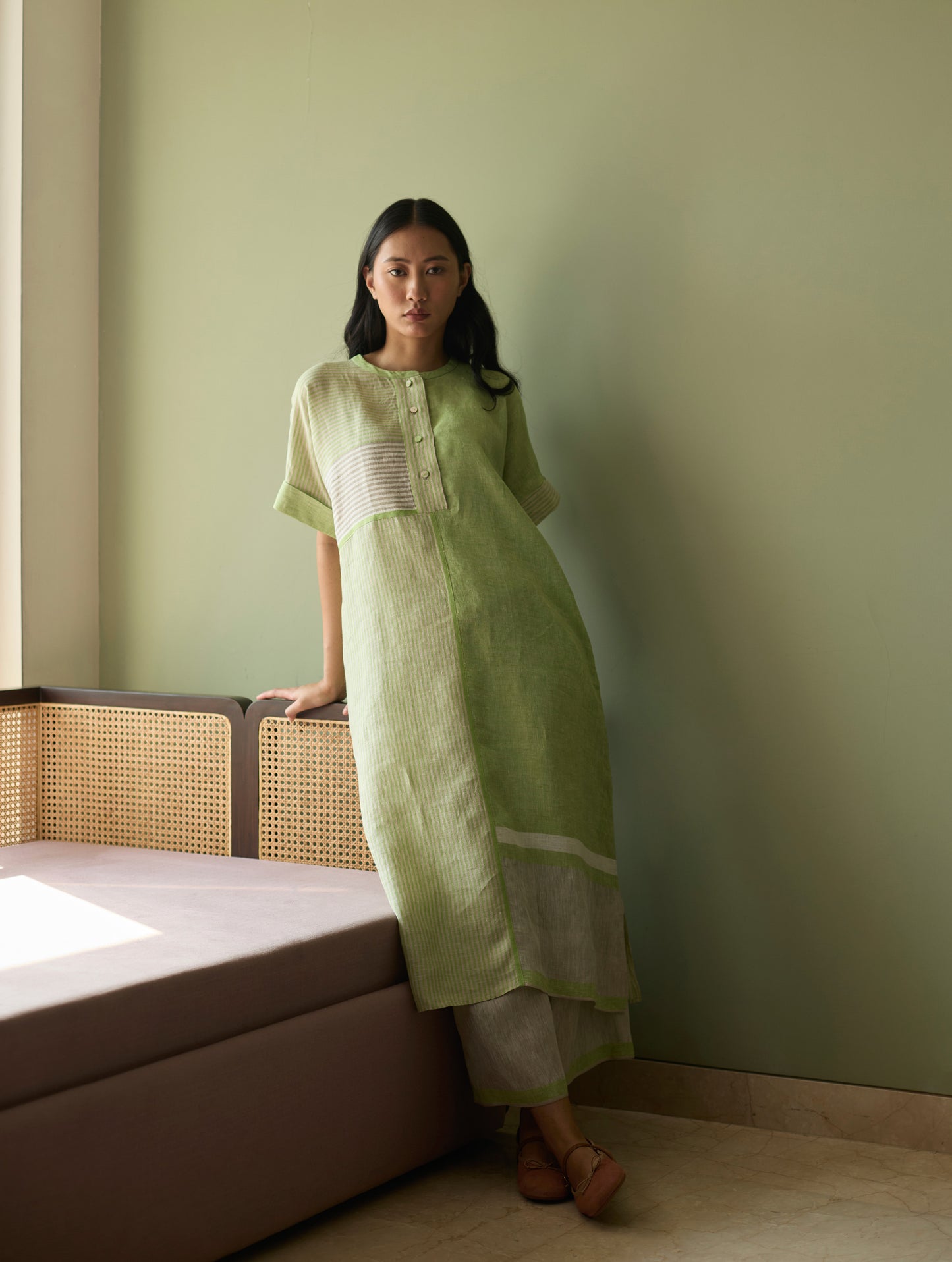 Pira Stripe Linen Tunic Kaftan Set - Meadow