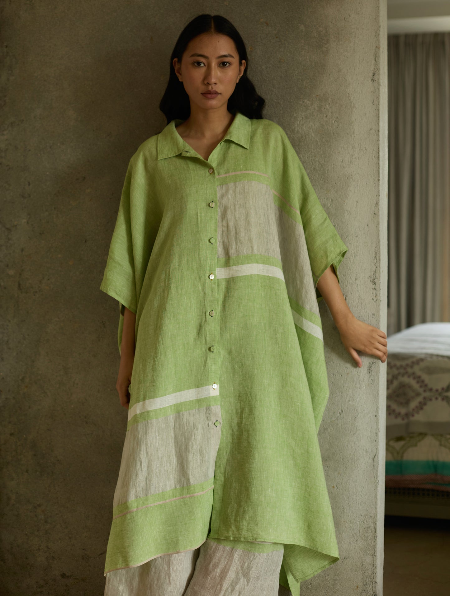 Bora Colour-Blocked Linen Kaftan - Meadow