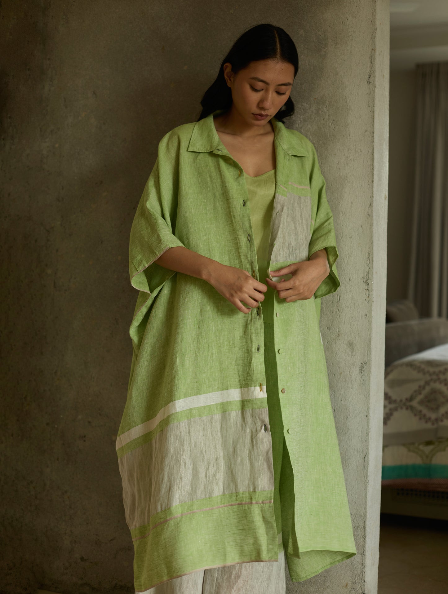 Bora Colour-Blocked Linen Kaftan - Meadow