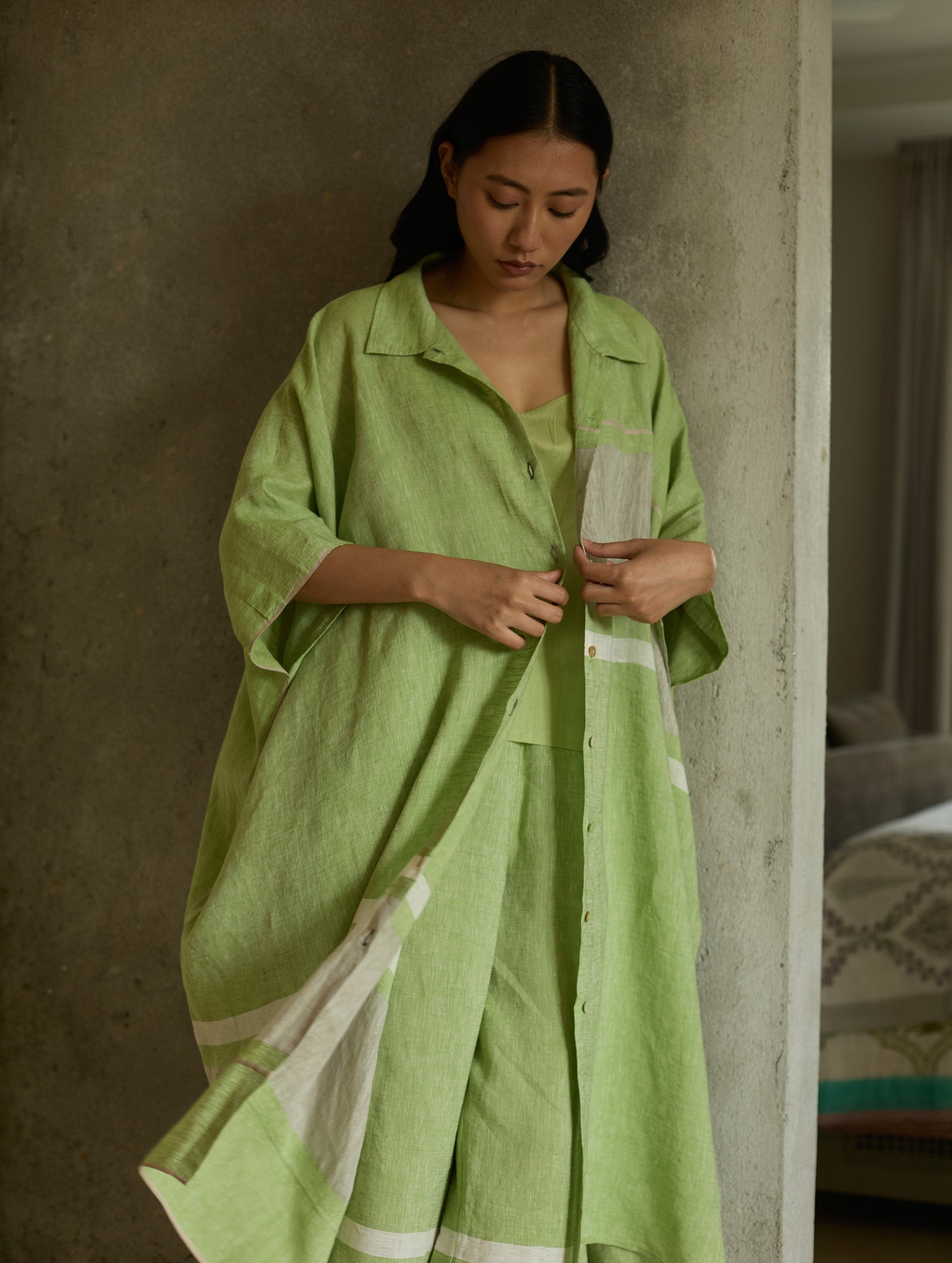 Bora Colour-Blocked Linen Kaftan - Meadow