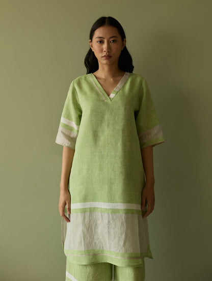 Iva Pleated Border Linen Kurta Set - Meadow