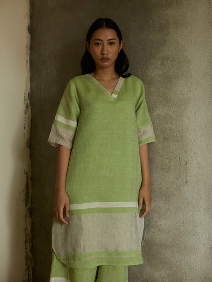 Iva Pleated Border Linen Kurta Set - Meadow