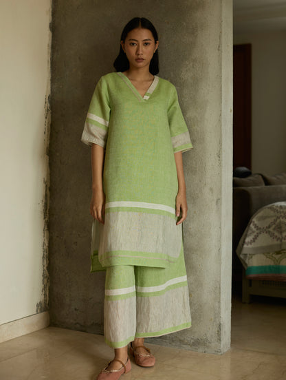 Iva Pleated Border Linen Kurta Set - Meadow